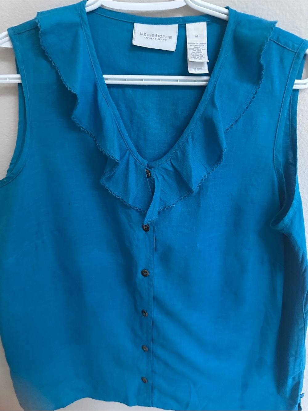 Liz Claiborne Teal Ruffle V-Neck Button Front Sleeveless Blouse, Linen/Cotton